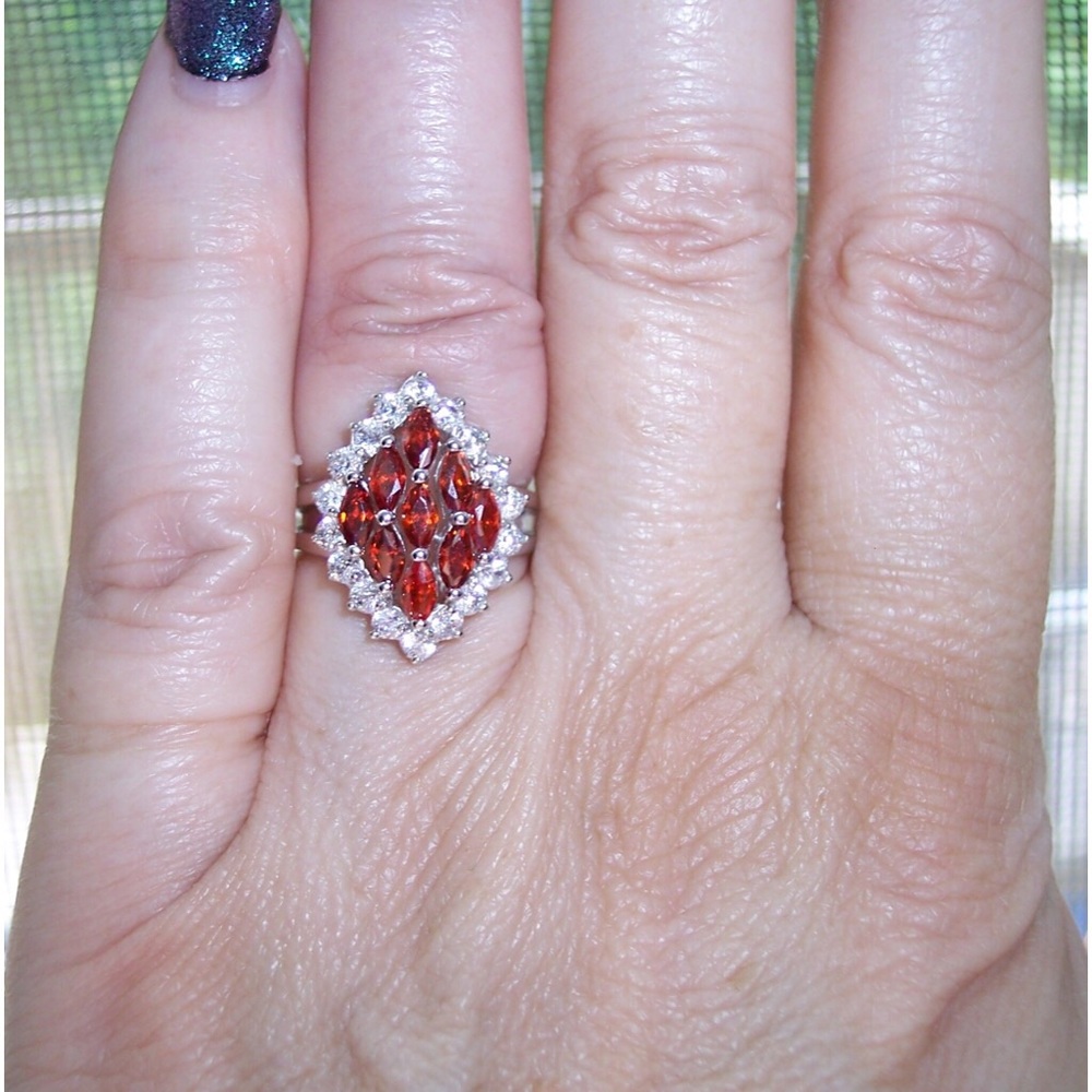 925 STERLING SILVER Simulated Garnet Cubic Zirconia Marquise Ring - Picture 3 of 16